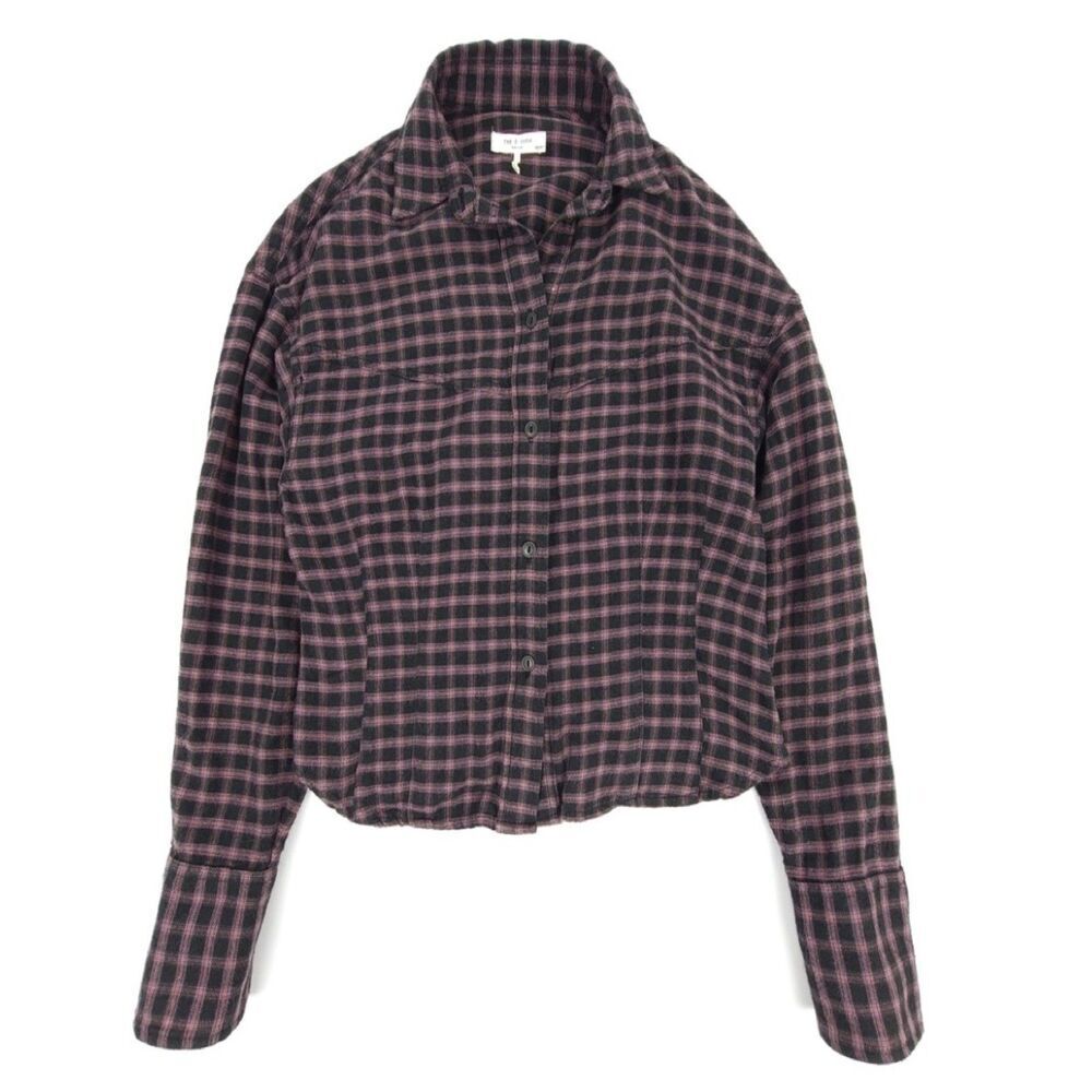 RAG & BONE Iris Cotton Blend Top Plaid Button Down Flannel Black 90s Grunge XS